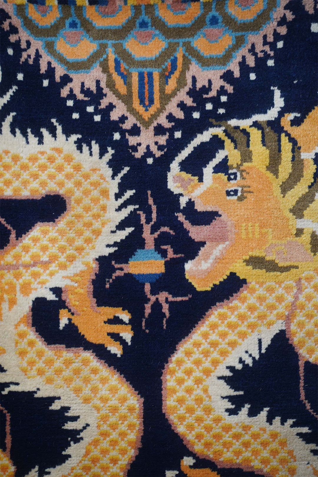 Chinese Ningxia Rug | Indigo Dual Dragon Mount Meru | Detail View