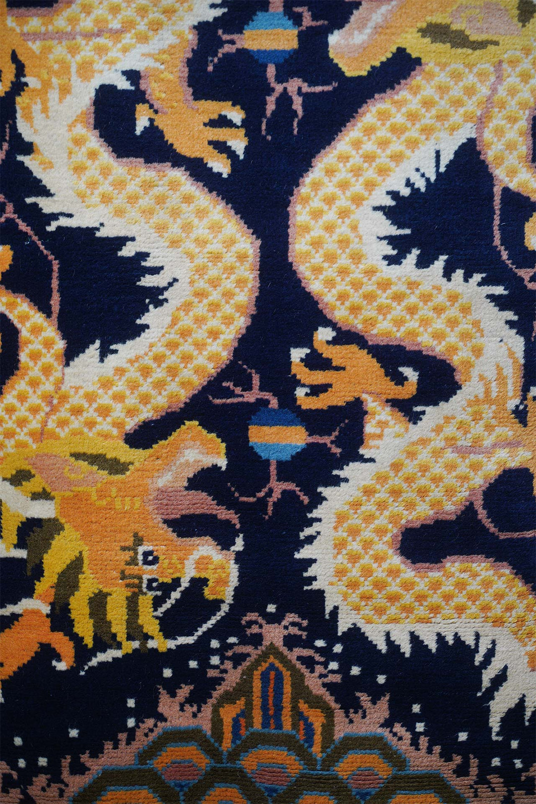 Chinese Ningxia Rug | Indigo Dual Dragon Mount Meru | Detail View