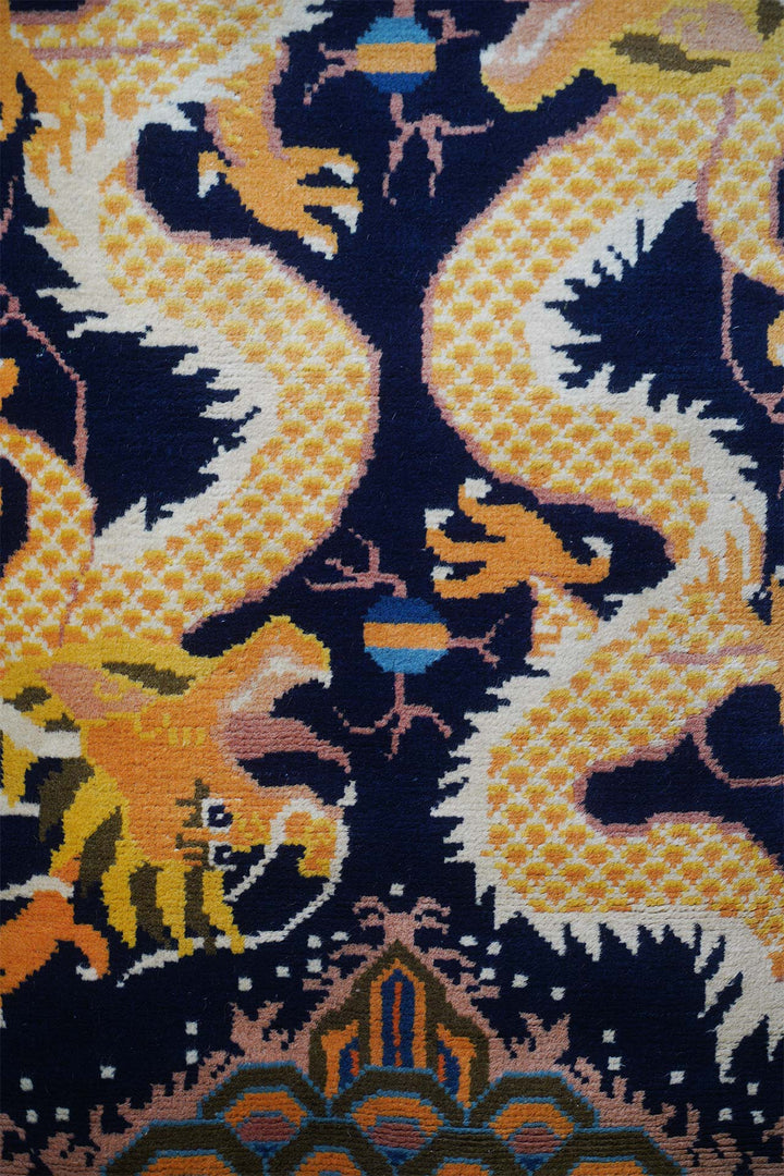 Chinese Ningxia Rug | Indigo Dual Dragon Mount Meru | Detail View