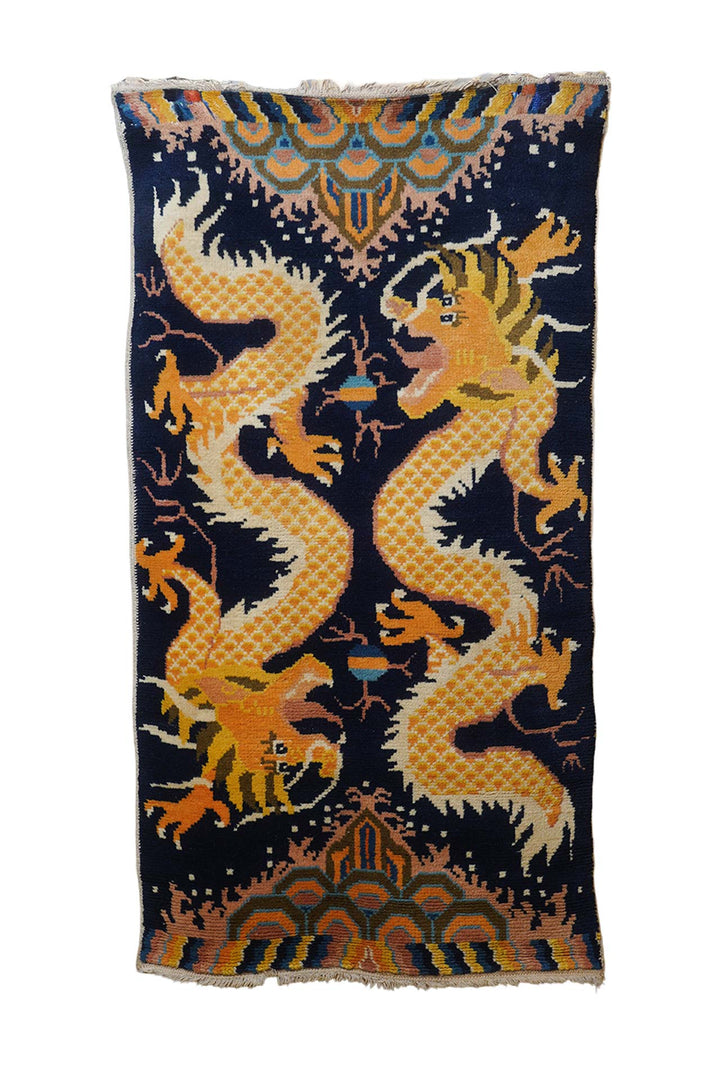 Chinese Ningxia Rug | Indigo Dual Dragon Mount Meru | Front View