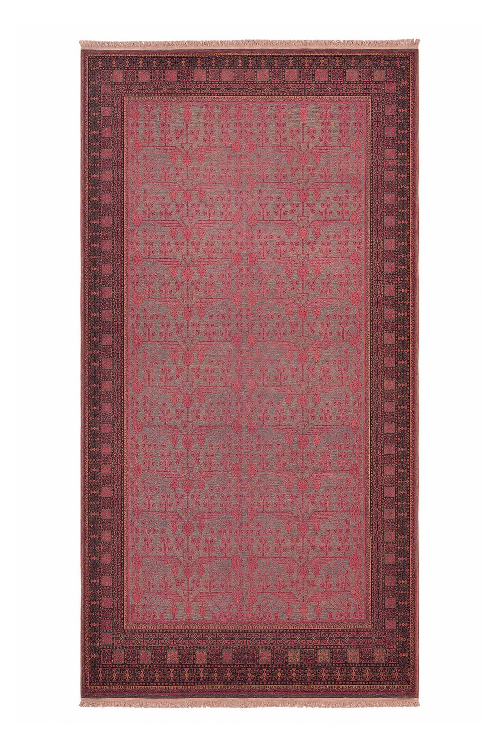East Turkestan Rug | Cinnabar Geometric Pomegranate Grid | Back View