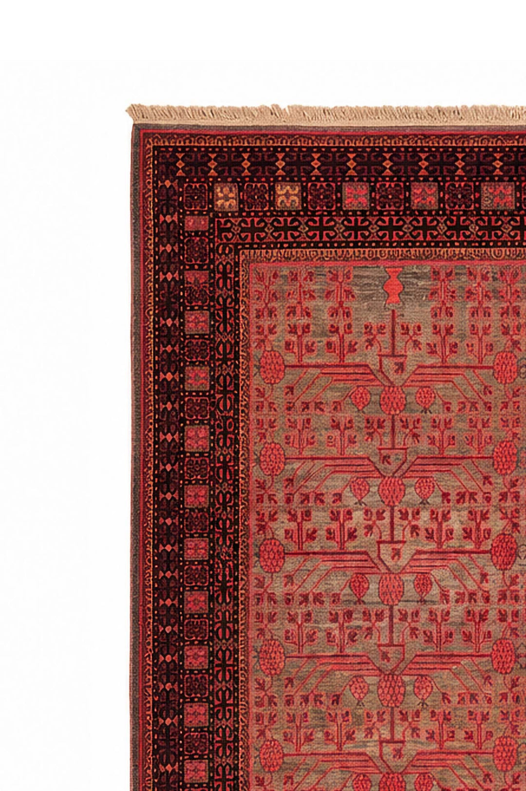 East Turkestan Rug | Cinnabar Geometric Pomegranate Grid | Detail View