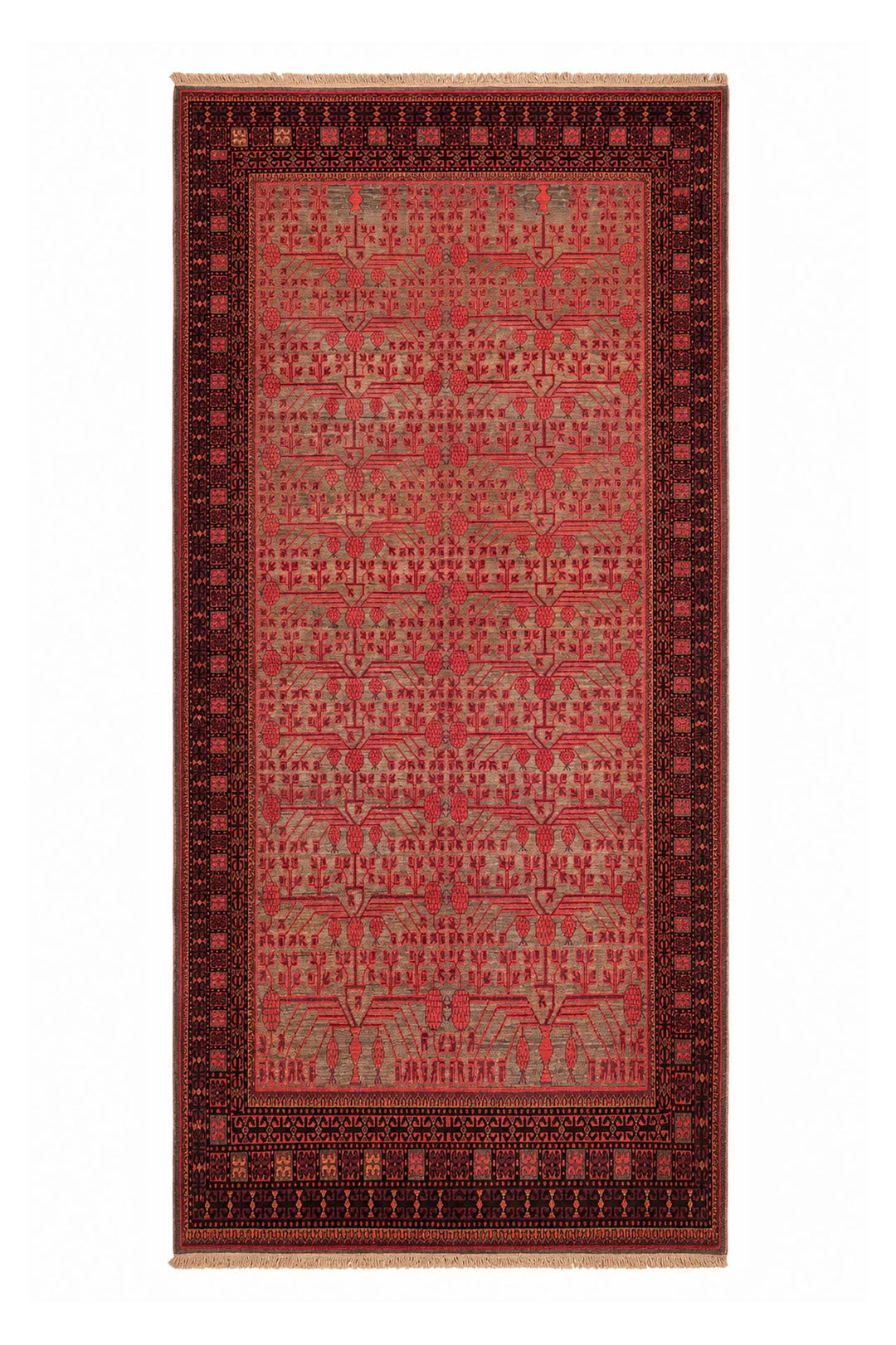 East Turkestan Rug | Cinnabar Geometric Pomegranate Grid | Front View