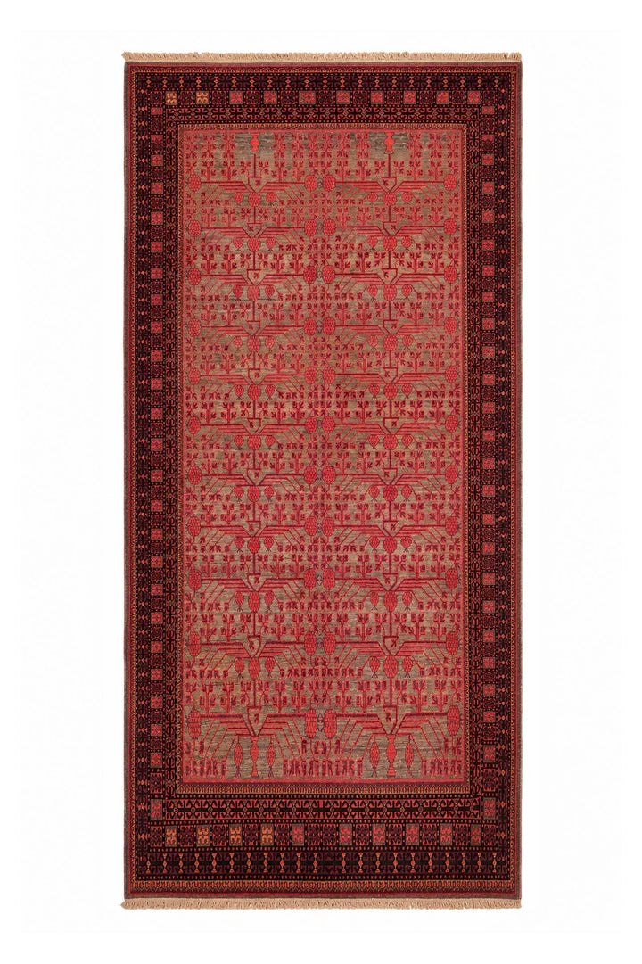 East Turkestan Rug | Cinnabar Geometric Pomegranate Grid | Front View