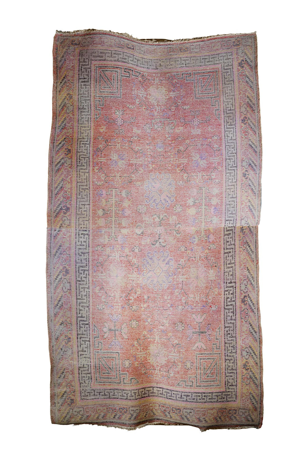East Turkestan Rug | Cinnabar Pomegranate Greek Key Border | Back View