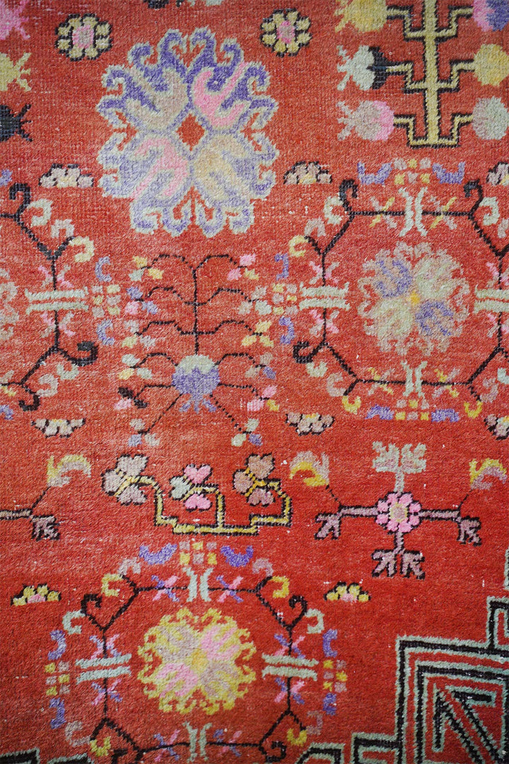 East Turkestan Rug | Cinnabar Pomegranate Greek Key Border | Detail View
