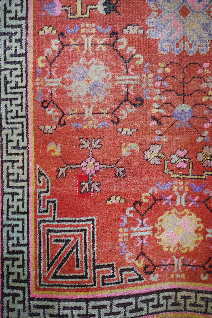 East Turkestan Rug | Cinnabar Pomegranate Greek Key Border | Detail View
