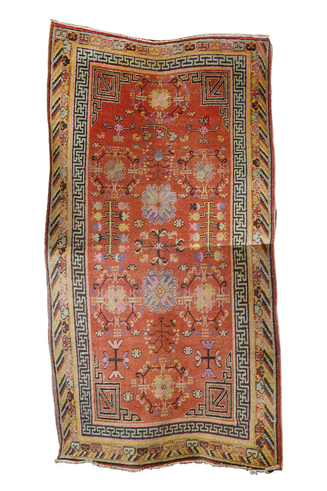 East Turkestan Rug | Cinnabar Pomegranate Greek Key Border | Front View