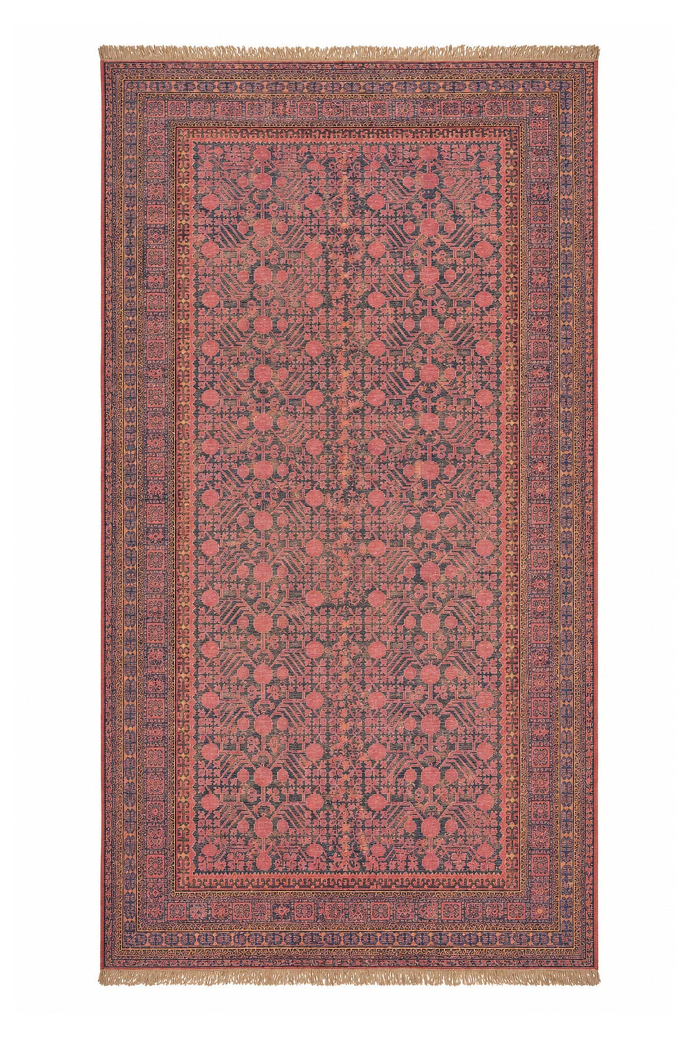 East Turkestan Rug | Indigo Saffron Pomegranate Repeat | Back View