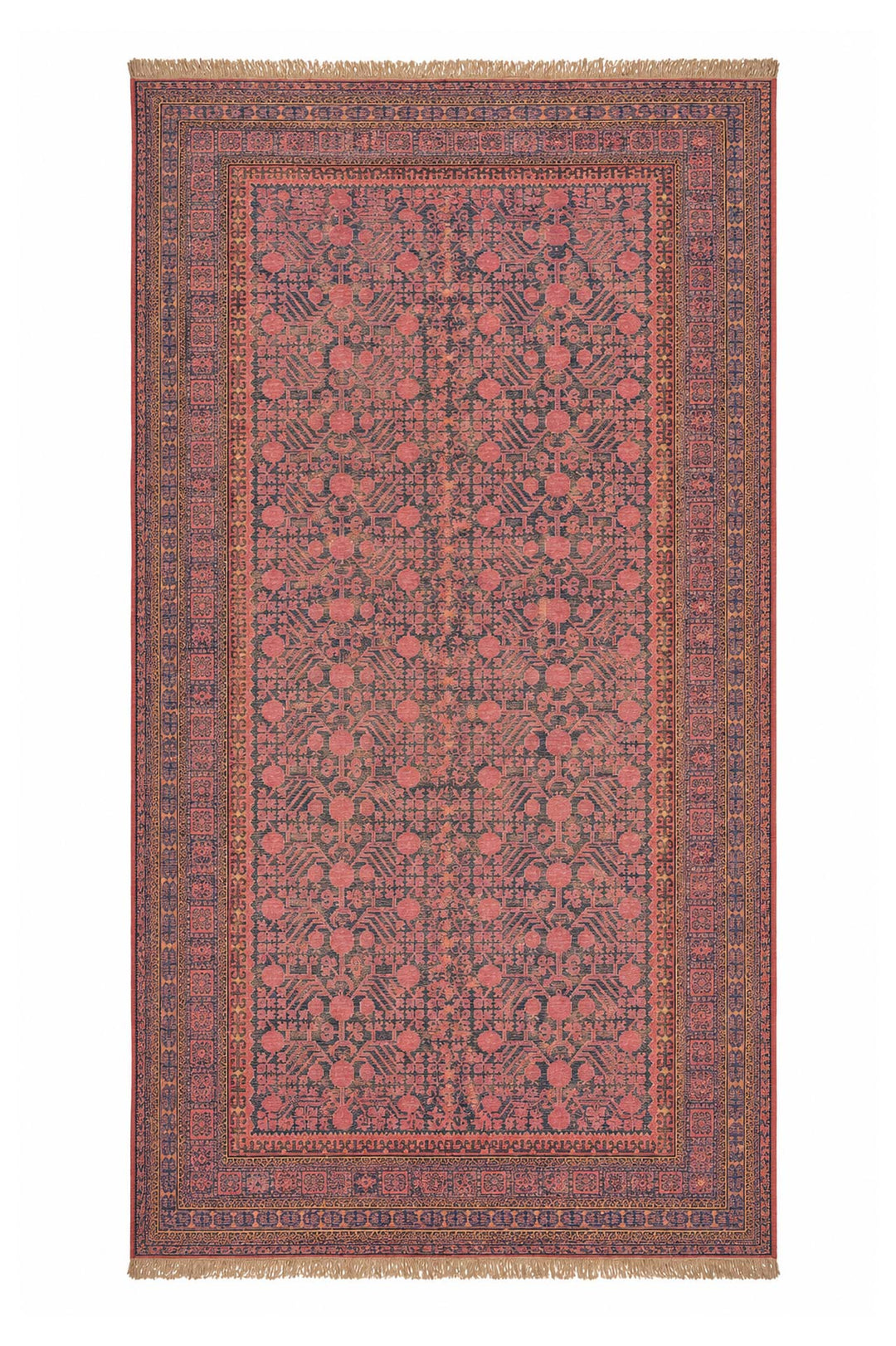 East Turkestan Rug | Indigo Saffron Pomegranate Repeat | Back View