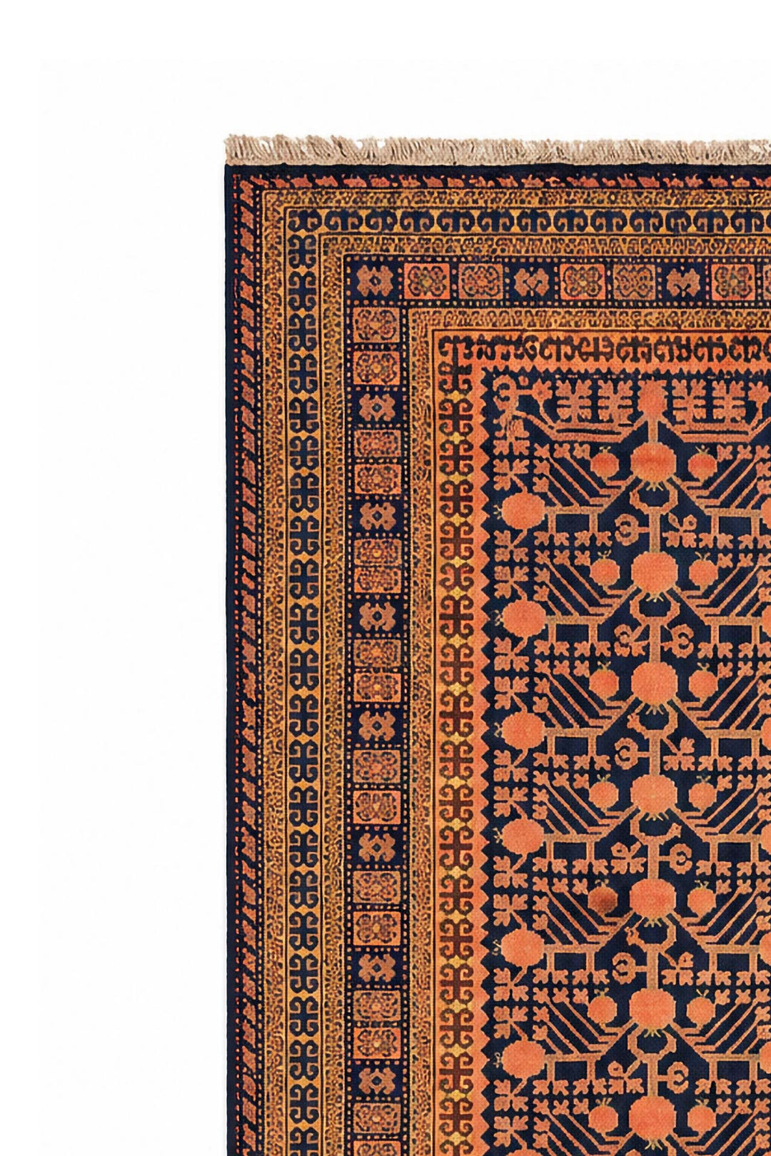 East Turkestan Rug | Indigo Saffron Pomegranate Repeat | Detail View