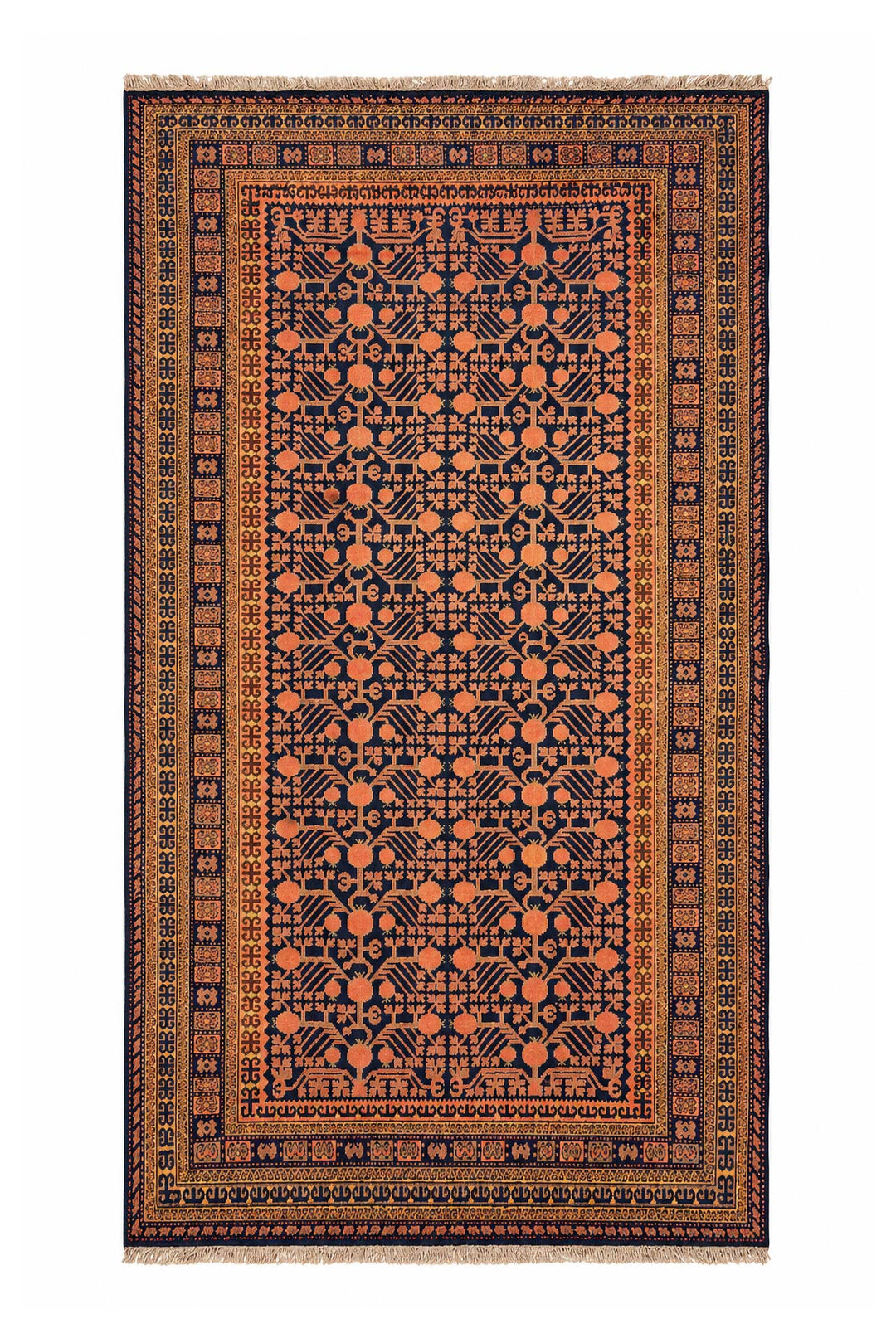 East Turkestan Rug | Indigo Saffron Pomegranate Repeat | Front View
