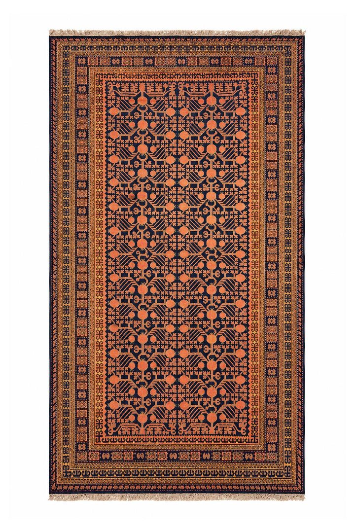 East Turkestan Rug | Indigo Saffron Pomegranate Repeat | Front View