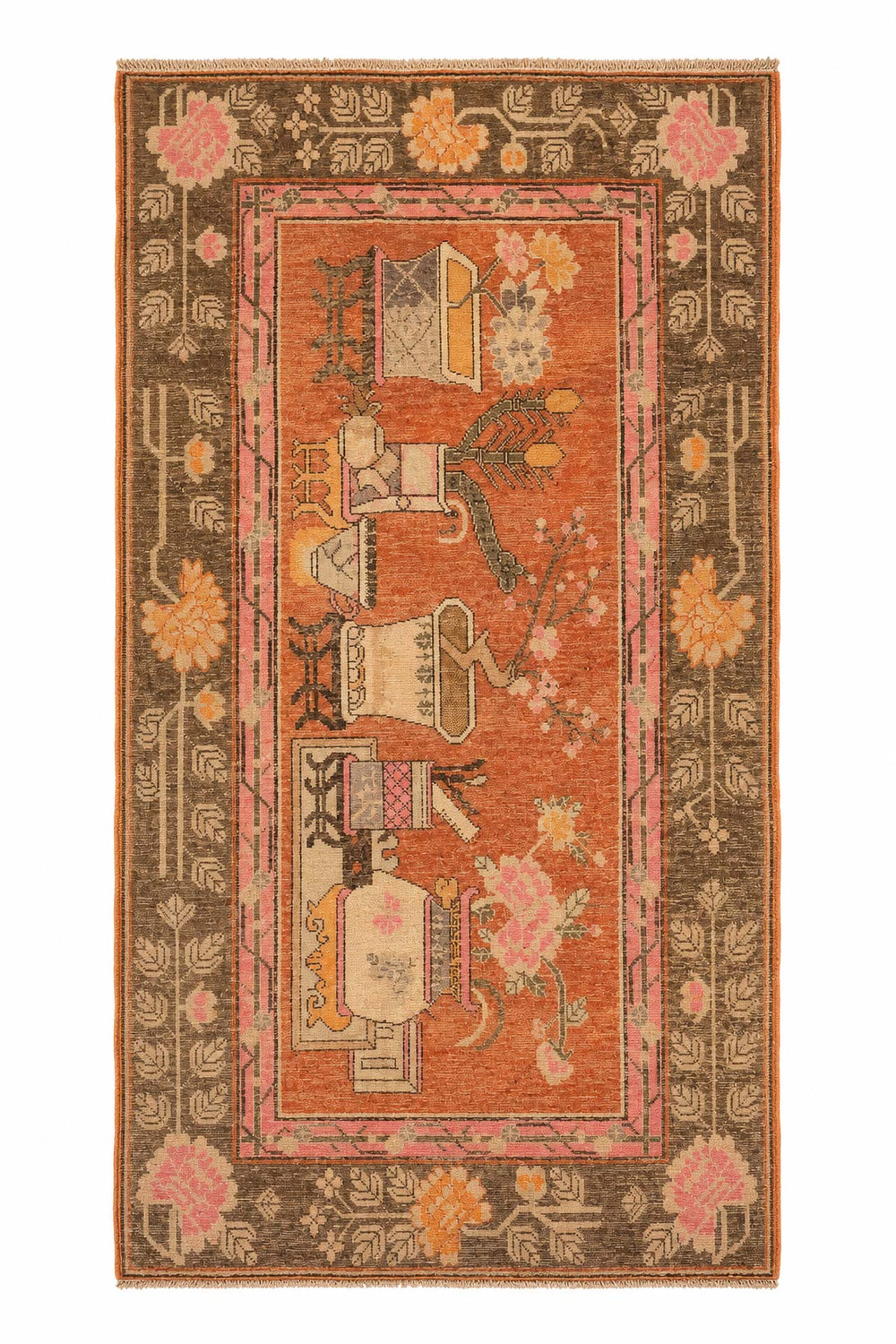 East Turkestan Rug | Terracotta Scholar Object Still Life | Back View