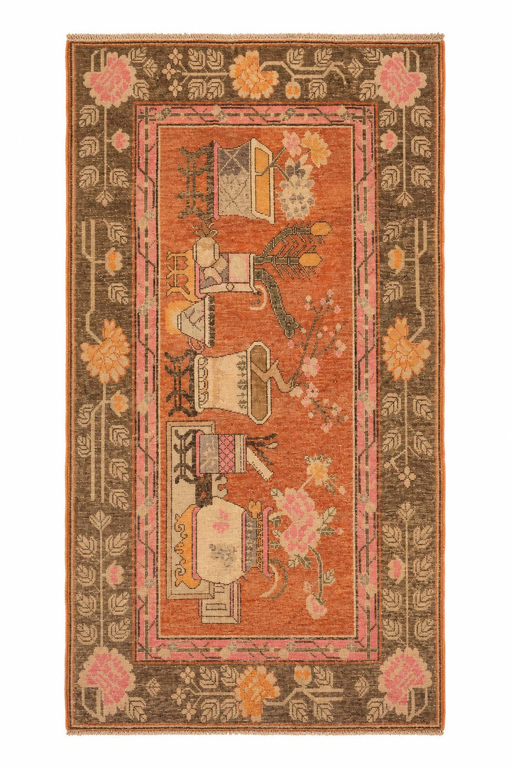 East Turkestan Rug | Terracotta Scholar Object Still Life | Back View