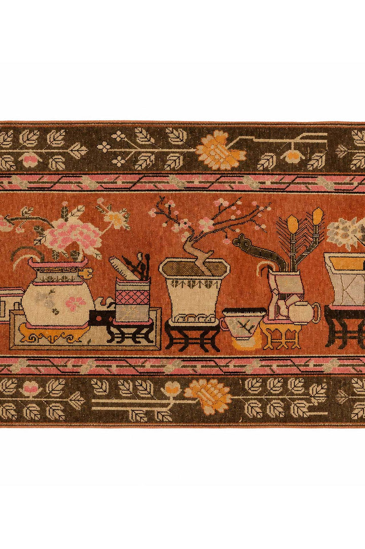 East Turkestan Rug | Terracotta Scholar Object Still Life | Detail View
