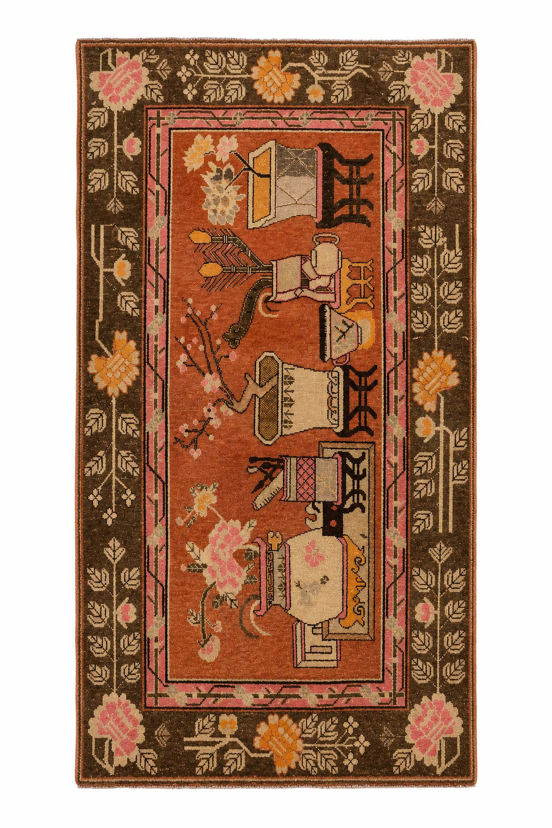 East Turkestan Rug | Terracotta Scholar Object Still Life | Front View