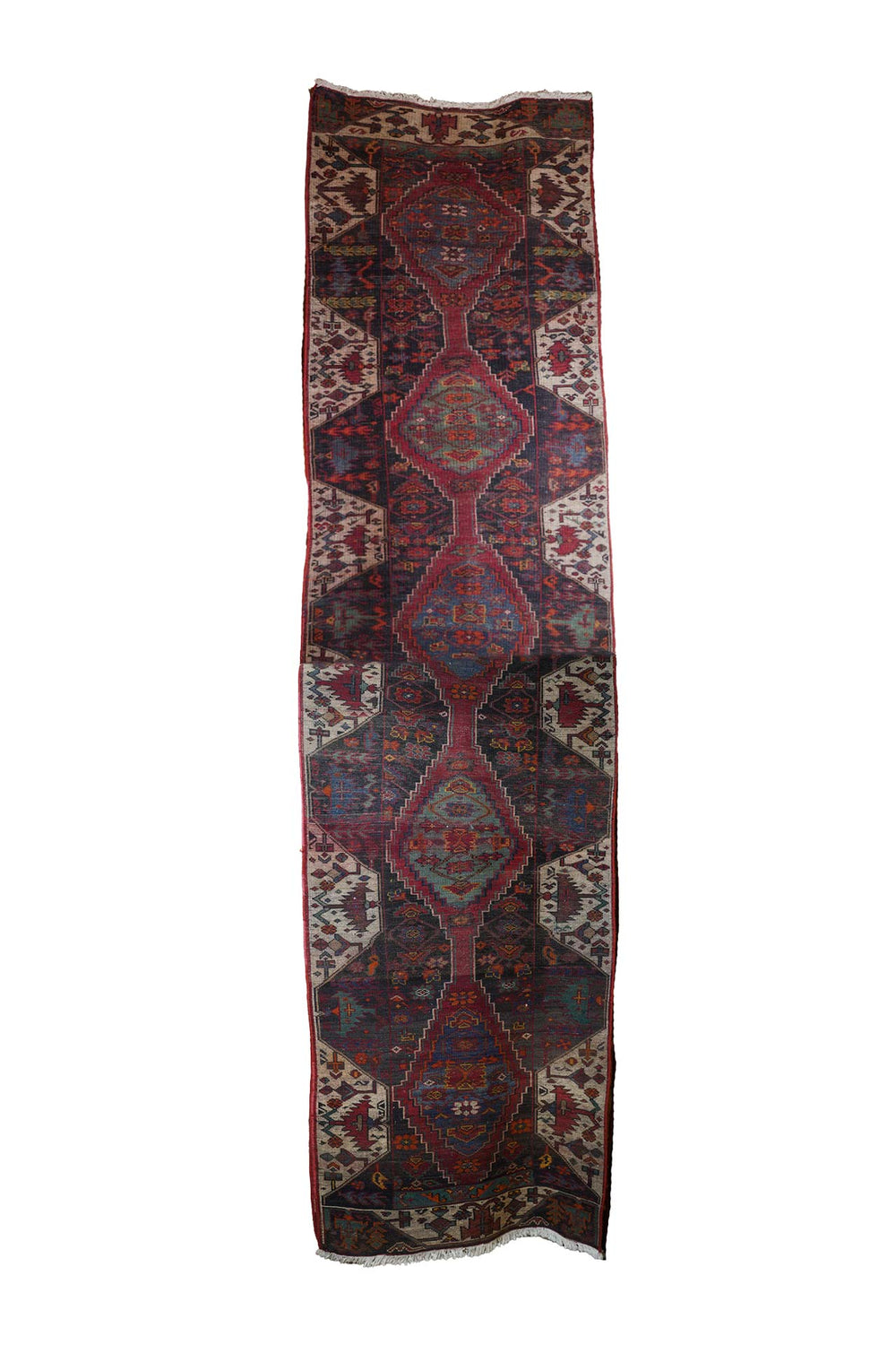 Hand-Knotted Baluch Runner | Linked Diamond Medallions | Back View