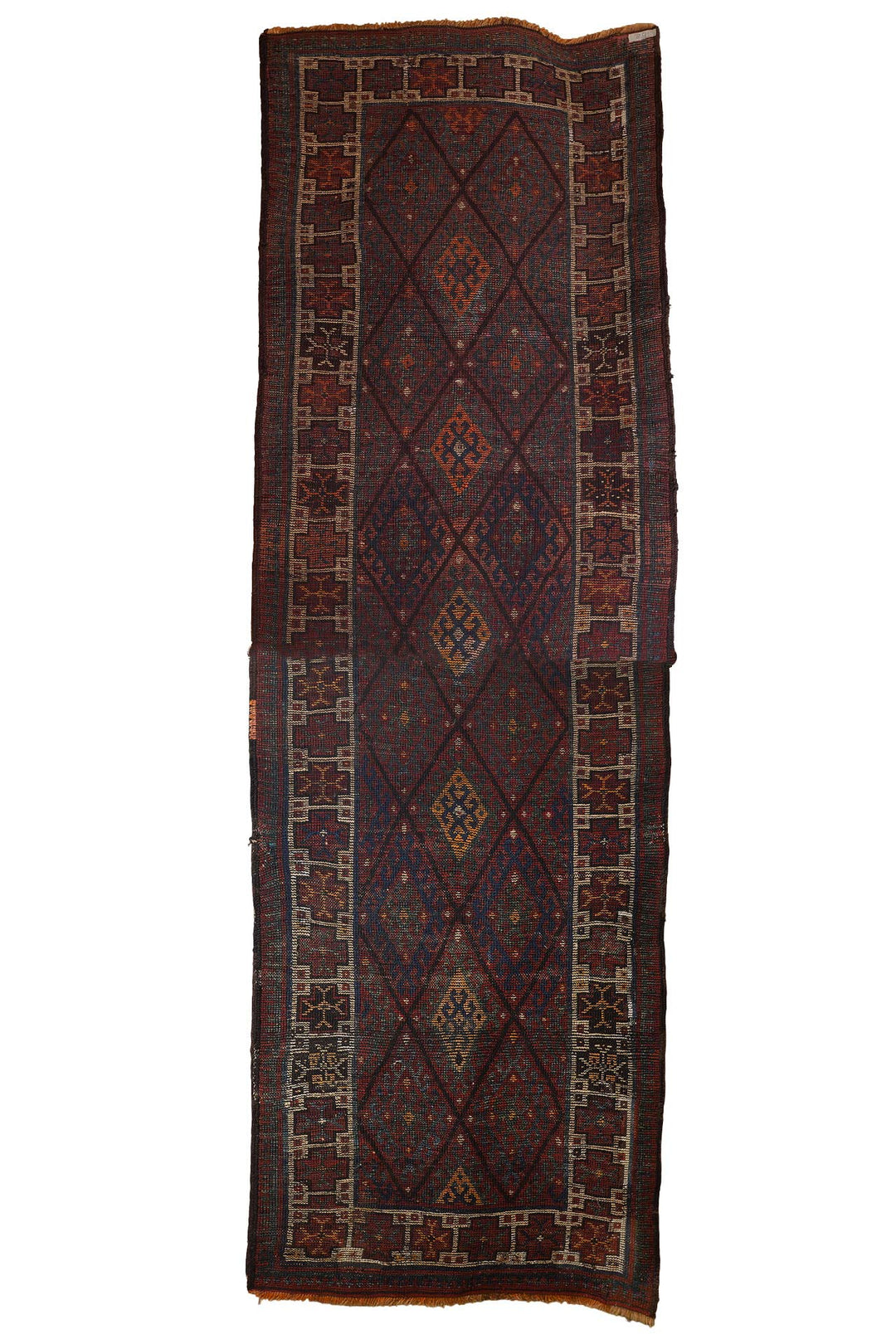 Hand-Knotted Caucasian Runner | Diamond Lattice Medallion Field with Tribal Border | Back View