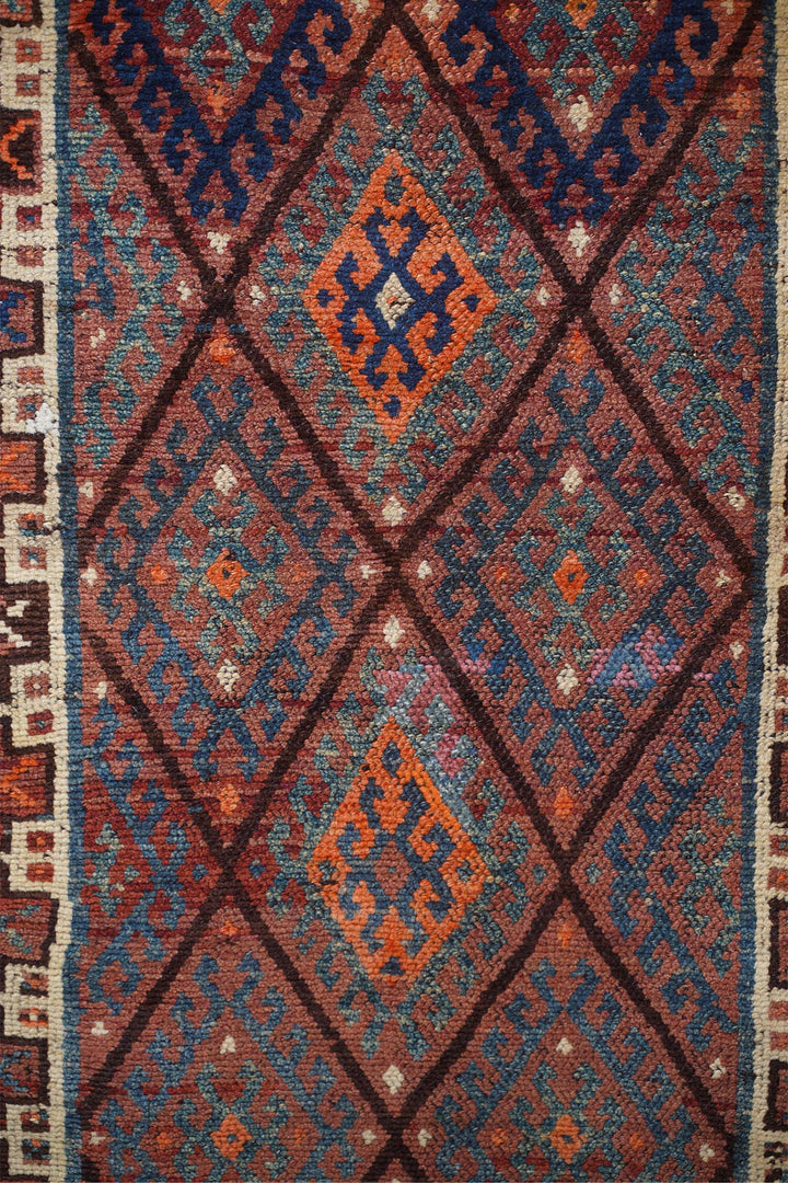 Hand-Knotted Caucasian Runner | Diamond Lattice Medallion Field with Tribal Border | Detail View
