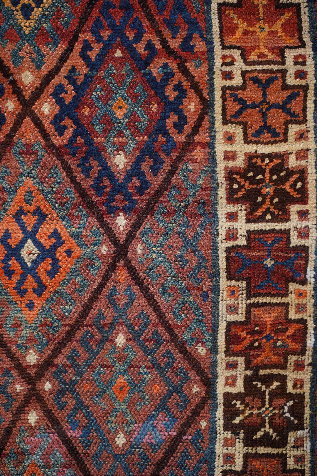 Hand-Knotted Caucasian Runner | Diamond Lattice Medallion Field with Tribal Border | Detail View