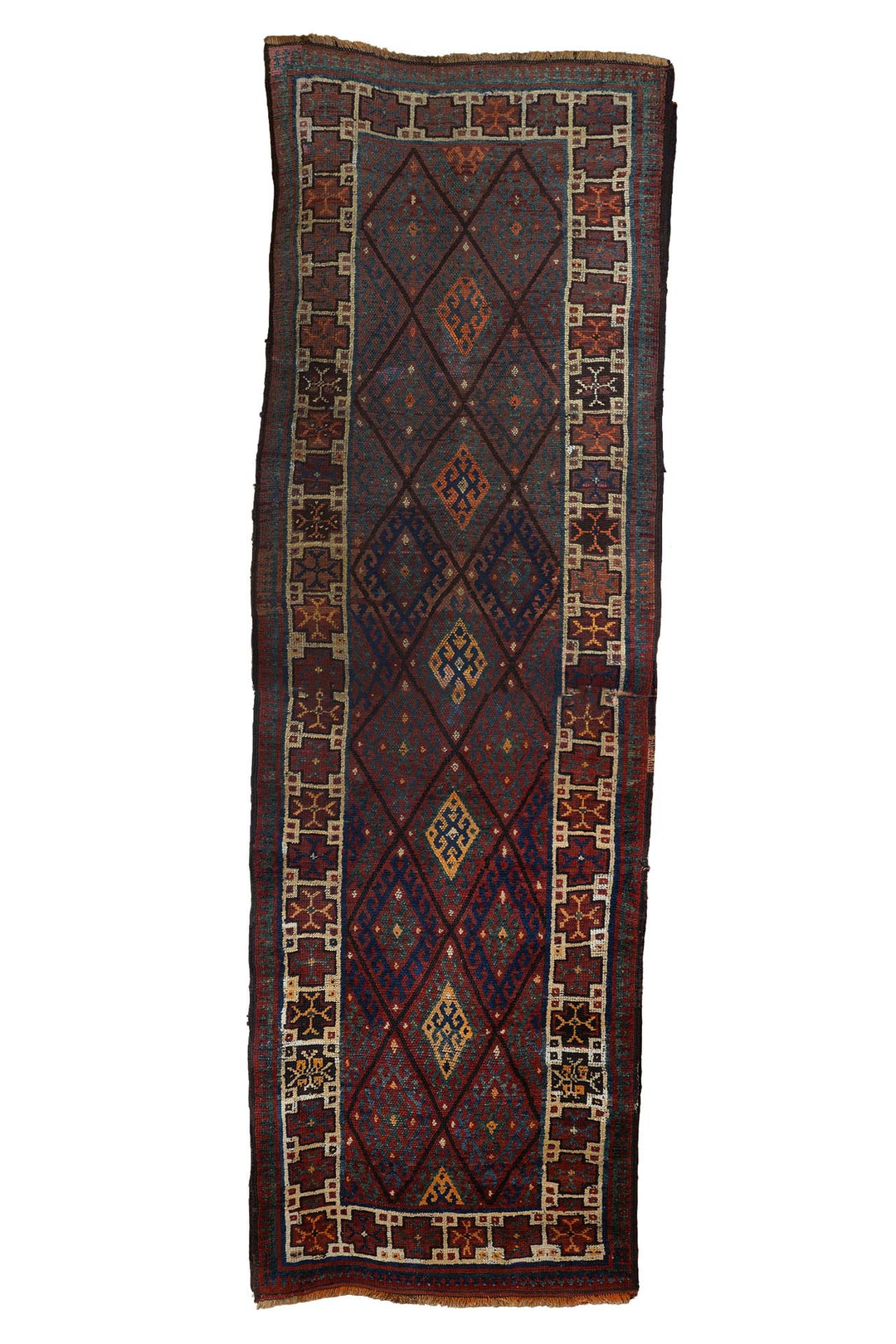 Hand-Knotted Caucasian Runner | Diamond Lattice Medallion Field with Tribal Border | Front View