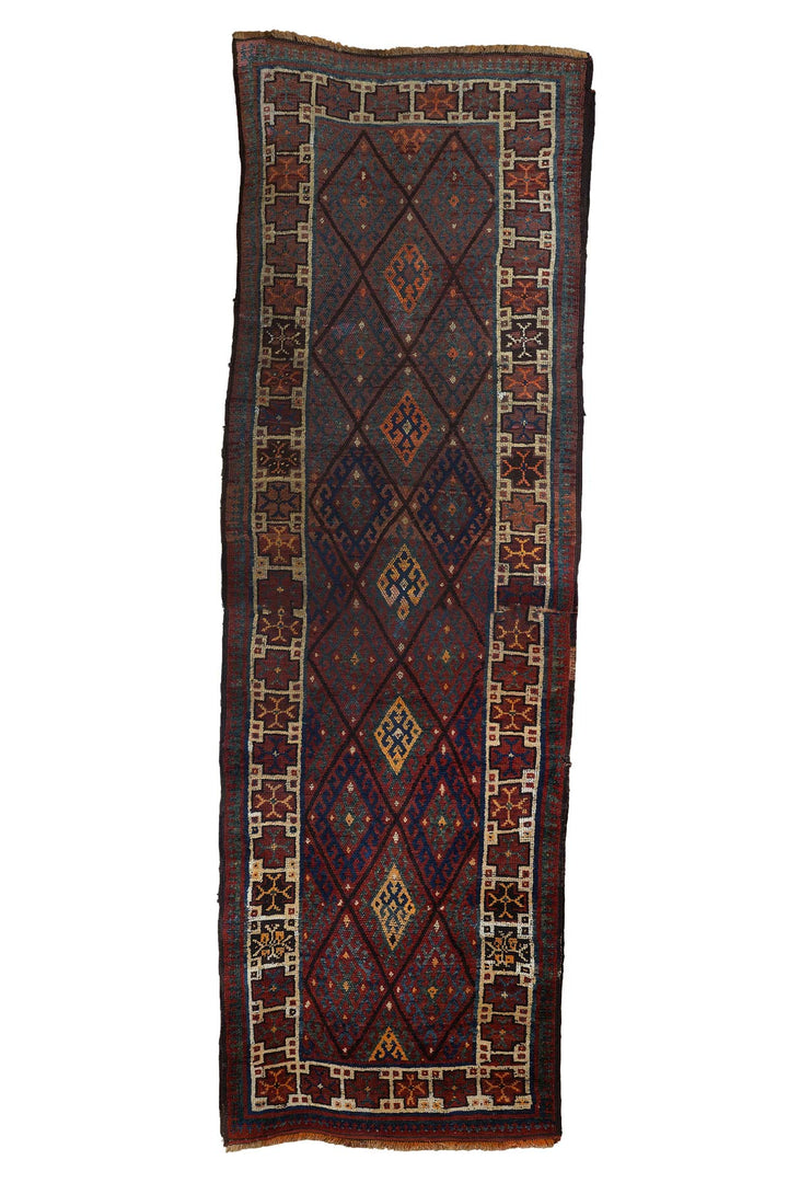 Hand-Knotted Caucasian Runner | Diamond Lattice Medallion Field with Tribal Border | Front View