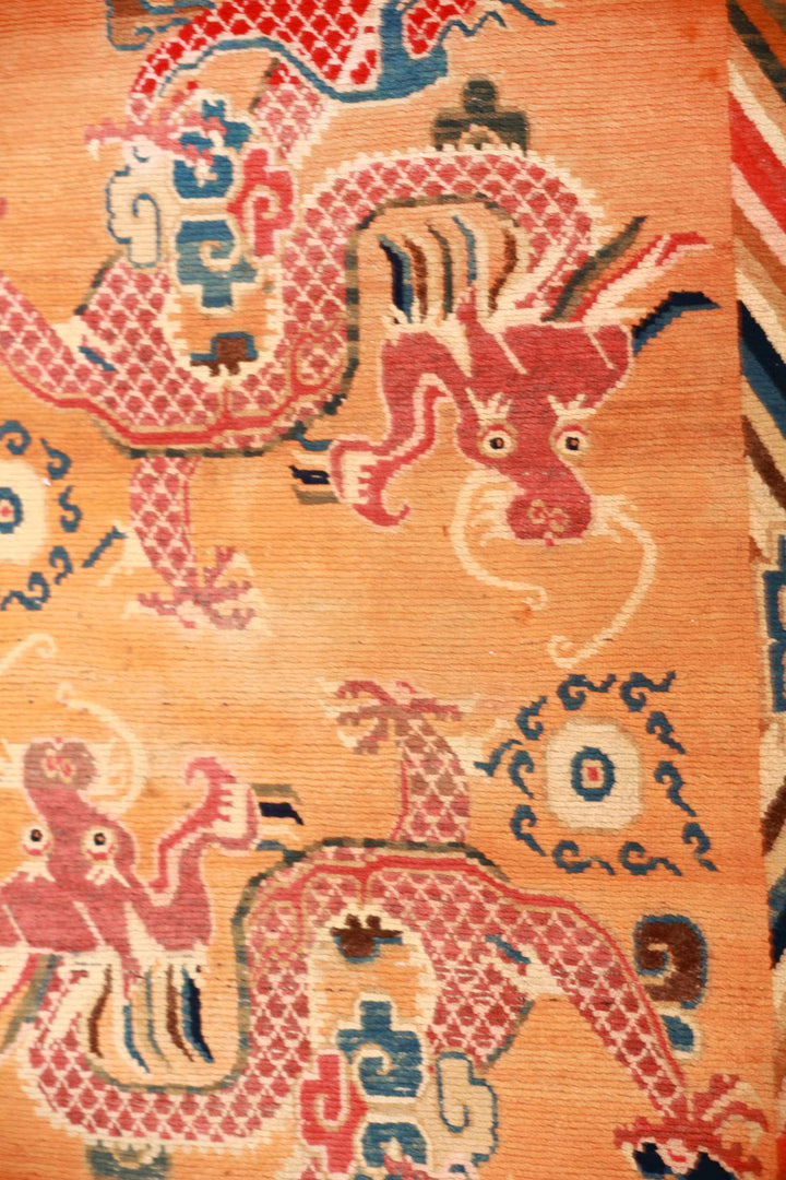 Hand-Knotted Tibetan Khaden Rug | Apricot Field Twin Dragons | Detail View