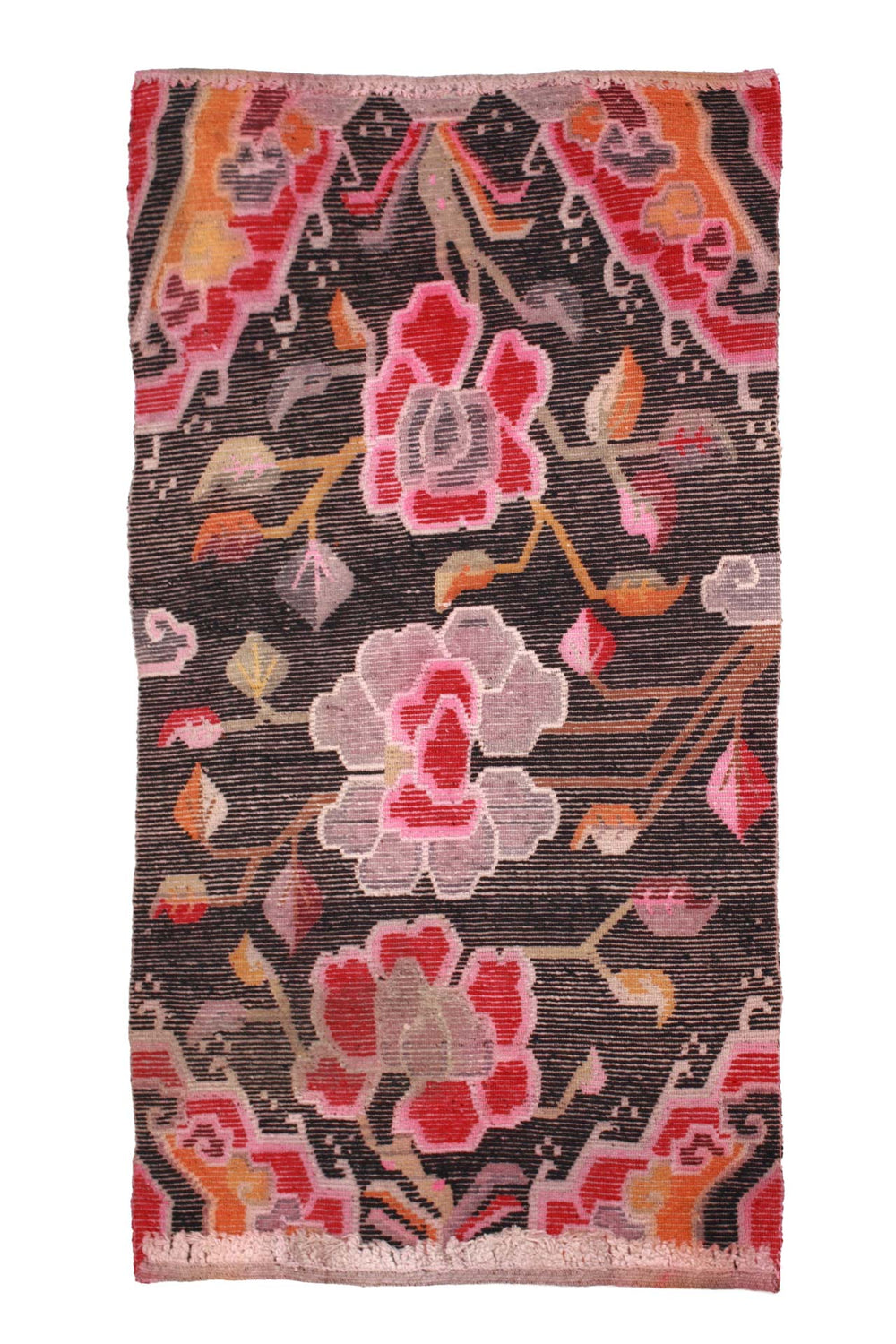 Hand-Knotted Tibetan Khaden Rug | Black Ground Floral Vine Composition | Back View