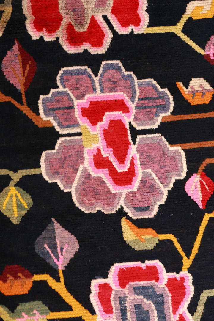 Hand-Knotted Tibetan Khaden Rug | Black Ground Floral Vine Composition | Detail View