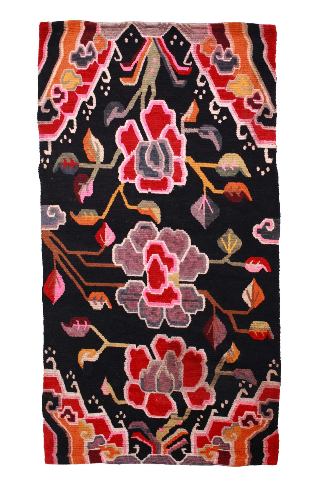 Hand-Knotted Tibetan Khaden Rug | Black Ground Floral Vine Composition | Front View