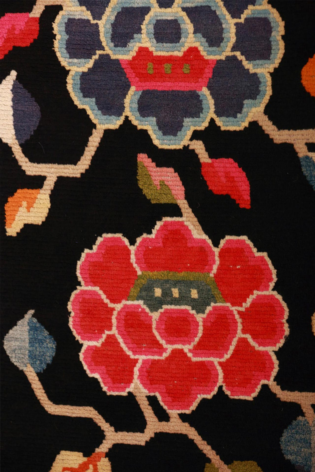 Hand-Knotted Tibetan Khaden Rug | Black Peony Trio | Detail View