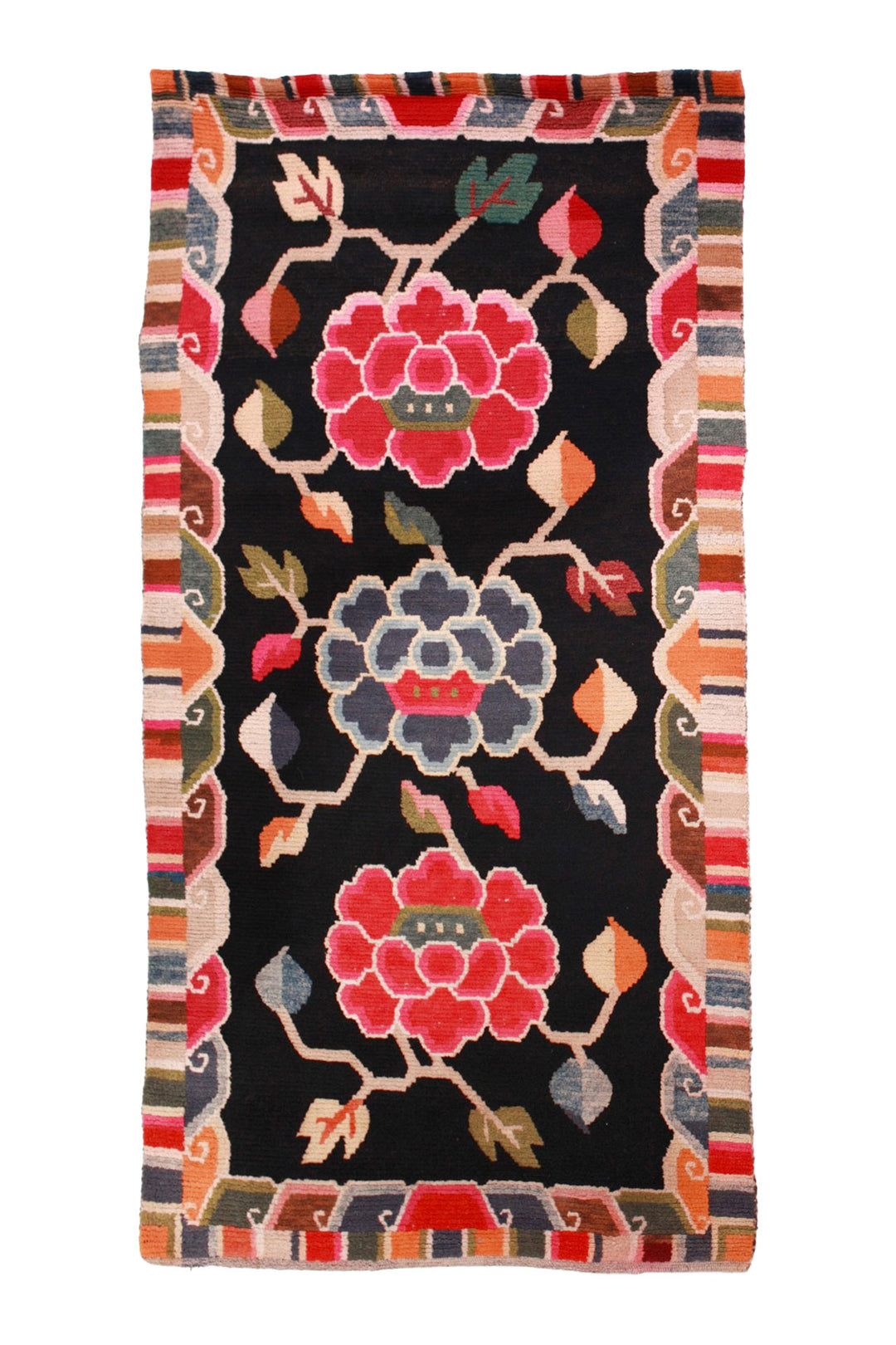 Hand-Knotted Tibetan Khaden Rug | Black Peony Trio | Front View