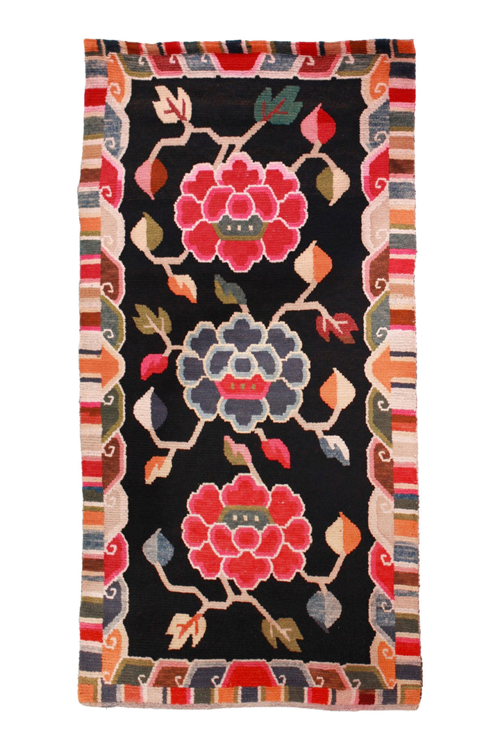 Hand-Knotted Tibetan Khaden Rug | Black Peony Trio | Front View