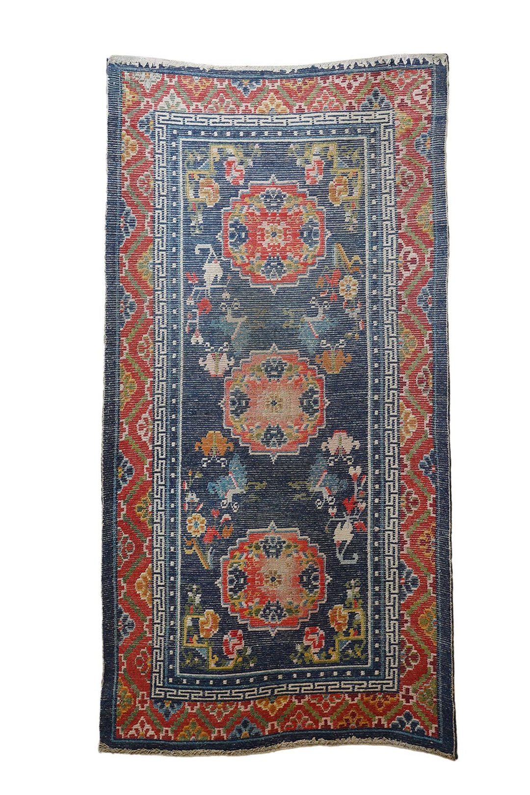 Hand-Knotted Tibetan Khaden Rug | Blue Field Medallion with Auspicious Motifs | Back View