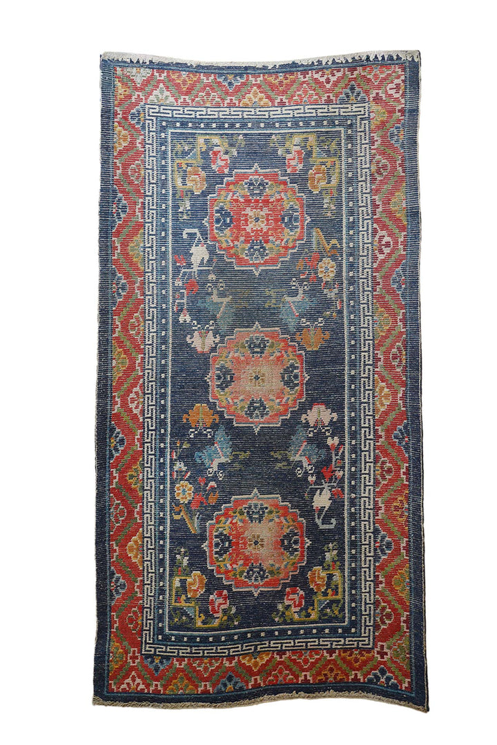 Hand-Knotted Tibetan Khaden Rug | Blue Field Medallion with Auspicious Motifs | Back View