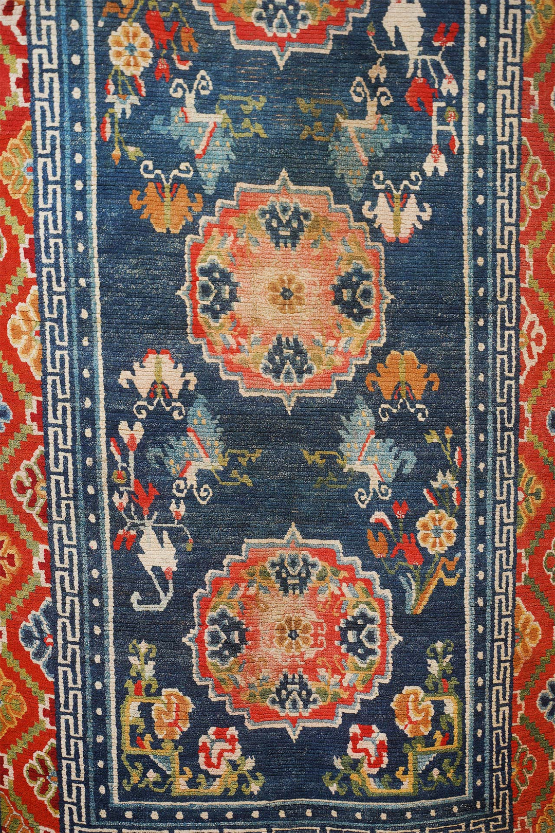 Hand-Knotted Tibetan Khaden Rug | Blue Field Medallion with Auspicious Motifs | Detail View