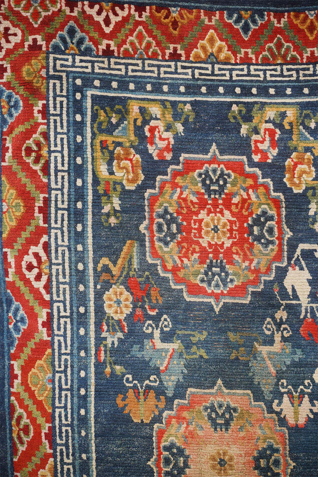 Hand-Knotted Tibetan Khaden Rug | Blue Field Medallion with Auspicious Motifs | Detail View