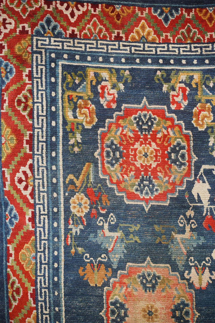 Hand-Knotted Tibetan Khaden Rug | Blue Field Medallion with Auspicious Motifs | Detail View