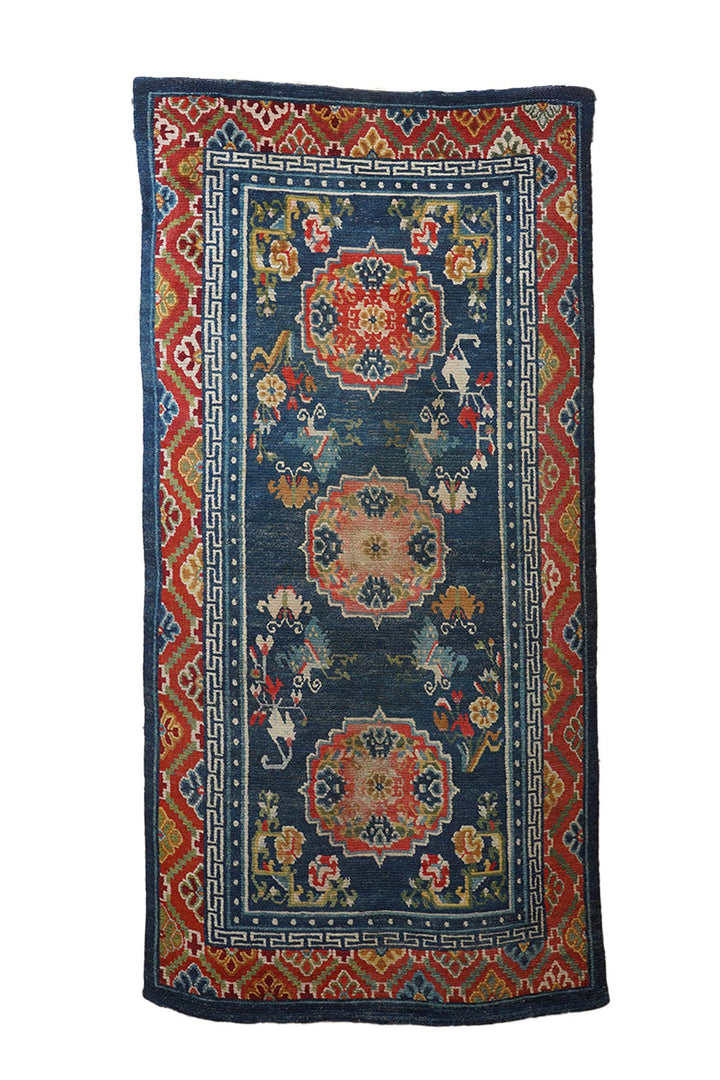 Hand-Knotted Tibetan Khaden Rug | Blue Field Medallion with Auspicious Motifs | Front View