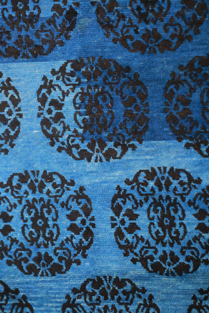 Hand-Knotted Tibetan Khaden Rug | Blue Medallion Lattice | Detail View