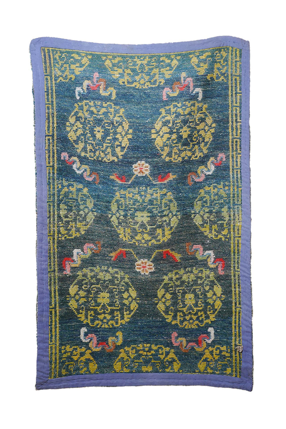 Hand-Knotted Tibetan Khaden Rug | Brocade Medallion with Ribbon Motifs | Back View