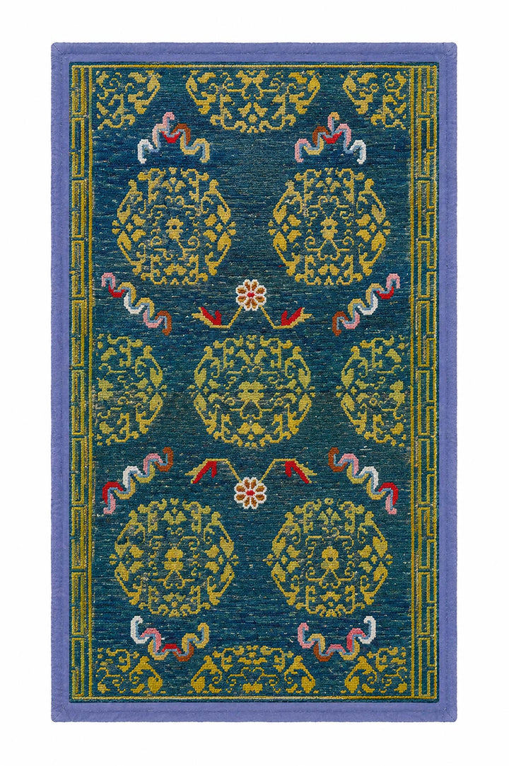 Hand-Knotted Tibetan Khaden Rug | Brocade Medallion with Ribbon Motifs | Back View