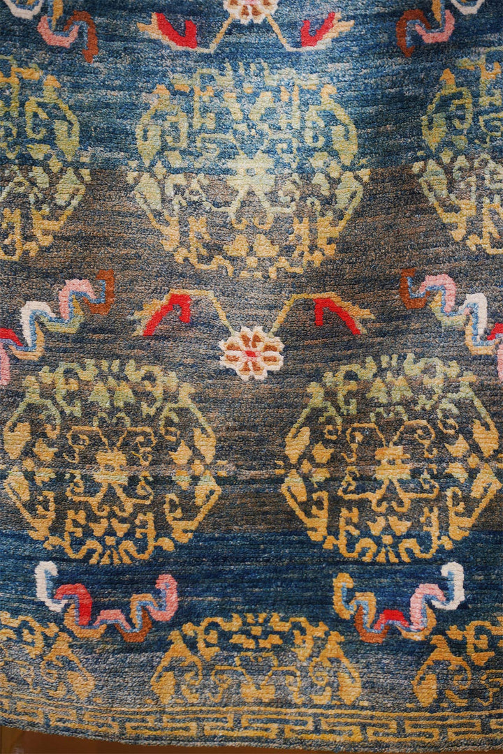 Hand-Knotted Tibetan Khaden Rug | Brocade Medallion with Ribbon Motifs | Detail View