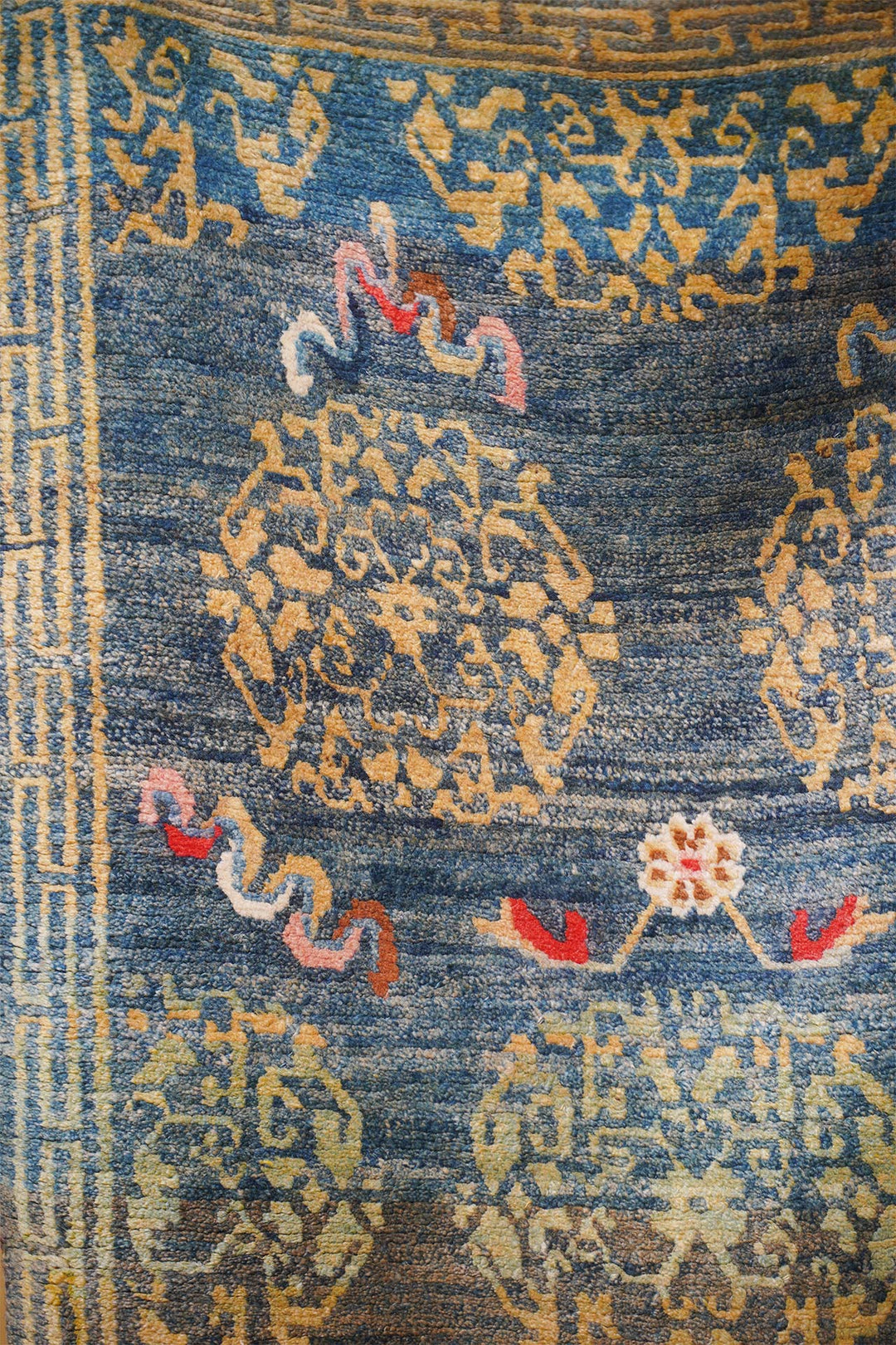 Hand-Knotted Tibetan Khaden Rug | Brocade Medallion with Ribbon Motifs | Detail View