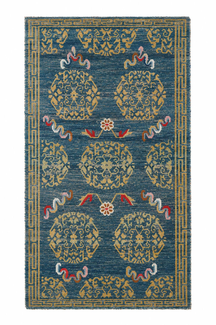 Hand-Knotted Tibetan Khaden Rug | Brocade Medallion with Ribbon Motifs | Front View