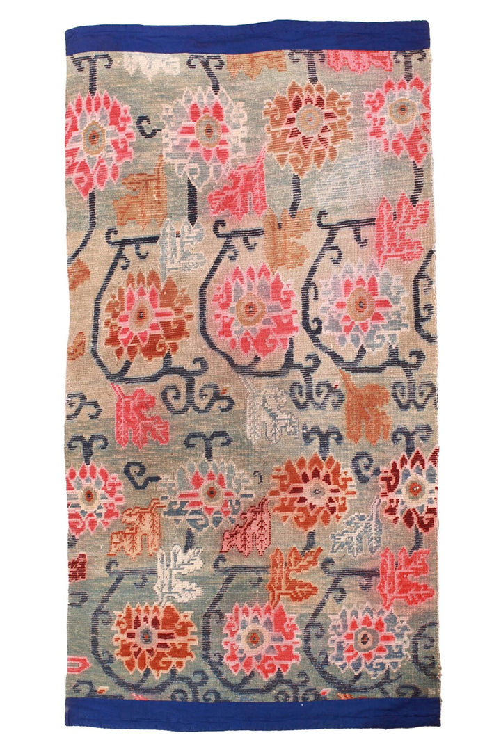 Hand-Knotted Tibetan Khaden Rug | Celadon Floral Scrolls| Back View