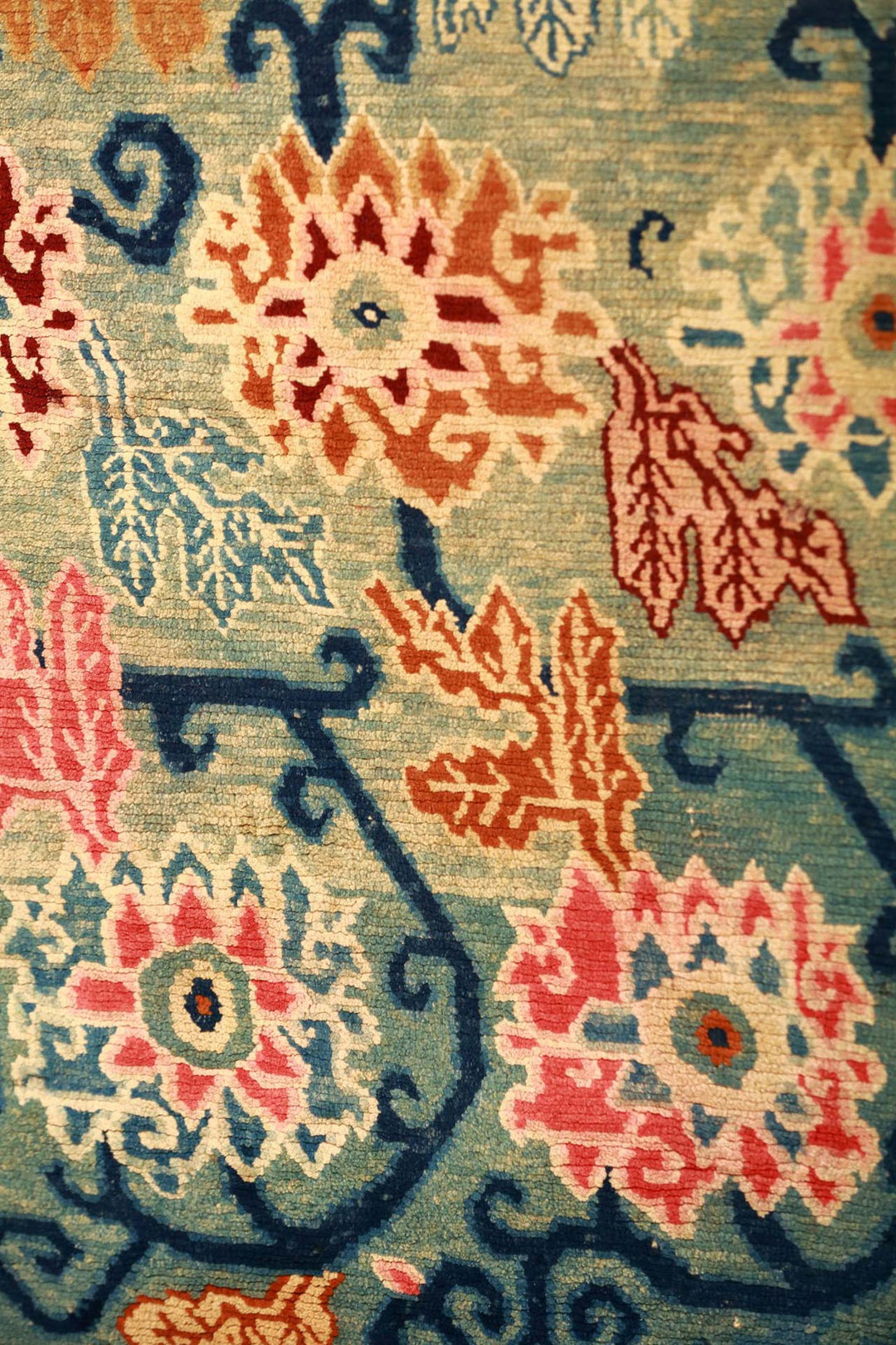 Hand-Knotted Tibetan Khaden Rug | Celadon Floral Scrolls | Detail View
