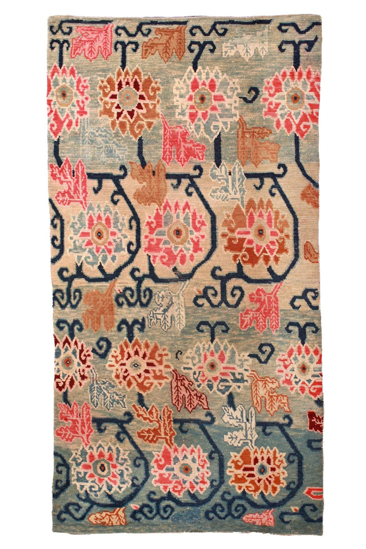 Hand-Knotted Tibetan Khaden Rug | Celadon Floral Scrolls | Front View