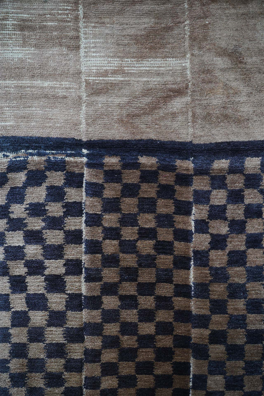 Hand-Knotted Tibetan Khaden Rug | Checkerboard Panel Field | Detail View